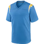 Blauw sportshirt met korte mouwen, V-hals en gele-witte accenten op de schouders.