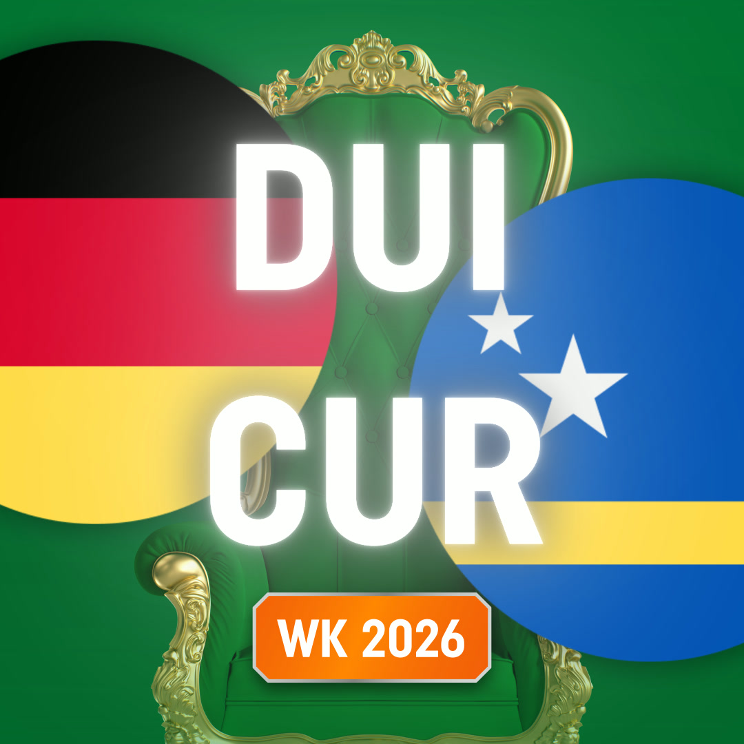 Jouw WK 2026: vlaggen van Duitsland en Curaçao met tekst "DUI CUR" voor een groene troon