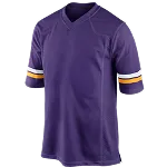 Paars sportshirt met V-hals en witte en gele strepen op de korte mouwen.