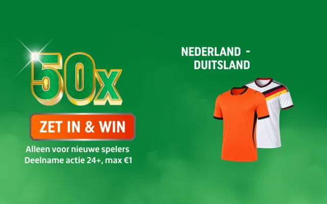TOTO Zet In & Win 50x promotie met oranje Nederlandshirt en wit Duitslandshirt