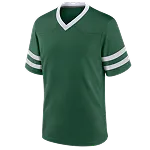 Groen sportshirt met witte V-hals en twee witte strepen op beide mouwen.