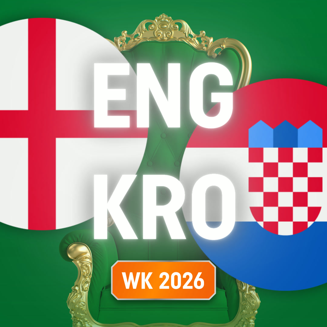 Tekst "ENG KRO" met Engelse en Kroatische vlaggen, een groene gouden troon en label "WK 2026".