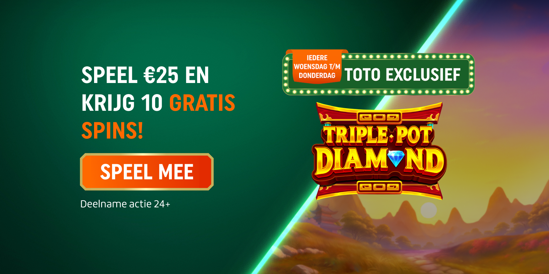 TOTO EXCLUSIEF: Speel €25 en krijg 10 Gratis Spins op Triple Pot Diamond. Deelname actie 24+.