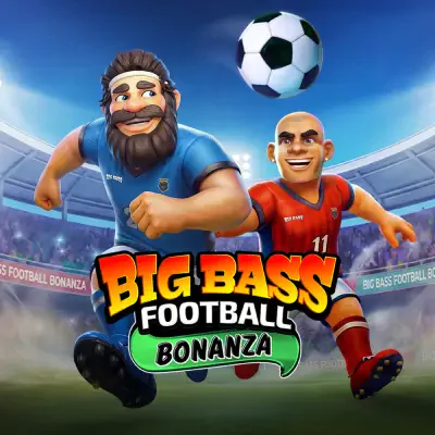 Cartoon van twee voetballers (bebaarde speler in blauw, kale speler in rood) rennend onder een zwevende voetbal met de tekst "Big Bass Football Bonanza".