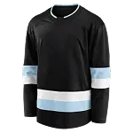 Zwart ijshockeyshirt met lichtblauwe en witte strepen en v-hals