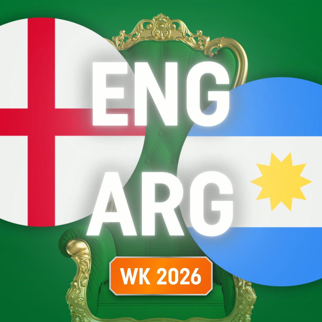 Vlaggen van Engeland en Argentinië naast een groene troon met grote letters ENG ARG en een WK 2026-badge.