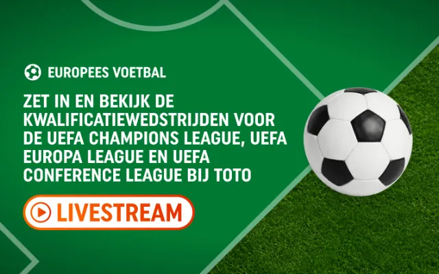 Promotiebeeld met voetbal en knop LIVESTREAM, zet in en bekijk kwalificatiewedstrijden bij TOTO.