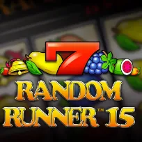 Logo van een gokkast met een grote rode 7, fruitpictogrammen en gouden tekst Random Runner 15.