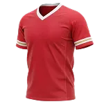 Je ziet een rood sportshirt met witte V-hals en witte en goudkleurige biezen op de mouwen.