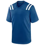 Blauw sportshirt met V-hals en twee witte strepen op beide schouders.