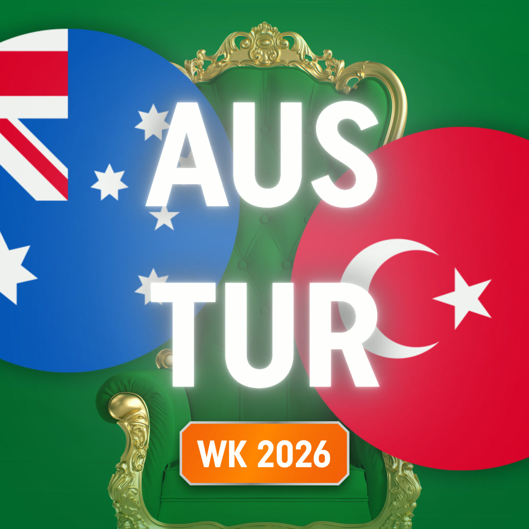 AUS TUR WK 2026: Australische en Turkse vlaggen naast een groene troon