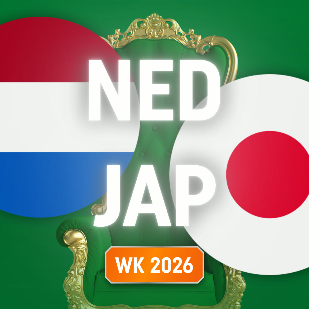 NED vs JAP WK 2026, Nederlandse en Japanse vlaggen naast een groene troon