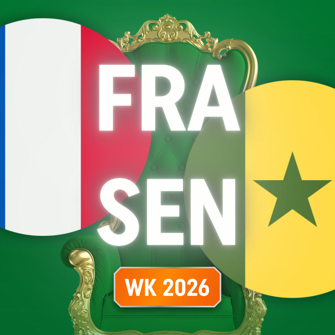 Vlaggen van Frankrijk en Senegal met grote letters FRA SEN en oranje label WK 2026 voor een groene troon