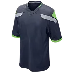 Donkergrijs sportshirt met V-hals en groene en witte accenten.