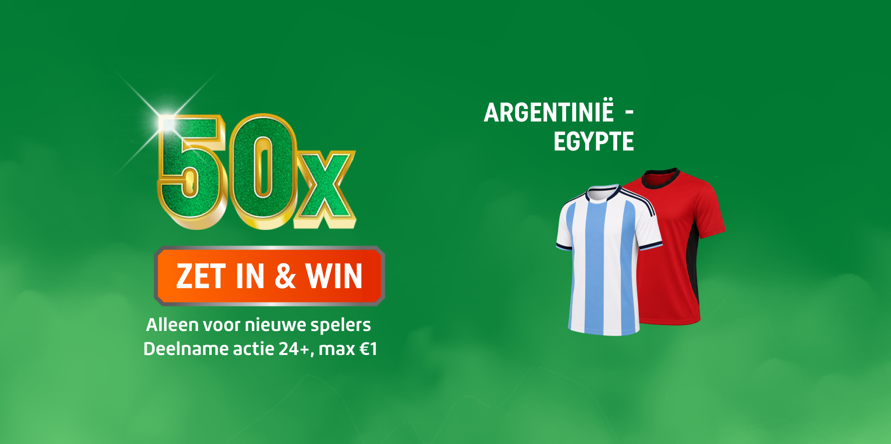 TOTO promotiebanner: 50x ZET IN & WIN voor Argentinië - Egypte met lichtblauw-wit gestreept en rood voetbalshirt. Deelname actie 24+
