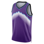 Paars mouwloos sportshirt met witte en lichtblauwe zigzagstrepen en zwarte randen