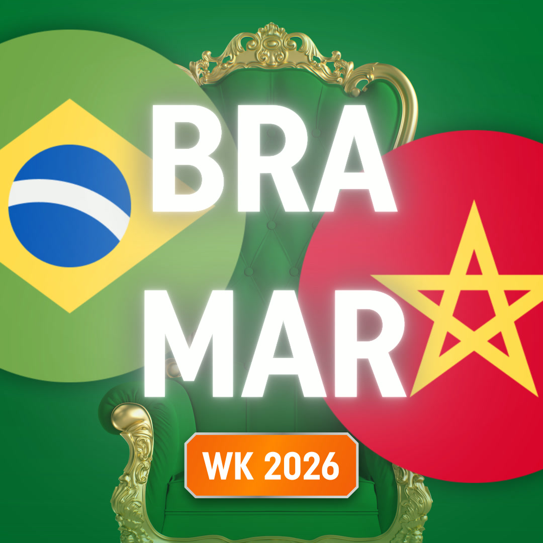 Grafische afbeelding Brazilië tegen Marokko met grote tekst "BRA MAR", een groene koninklijke troon en een oranje label "WK 2026".