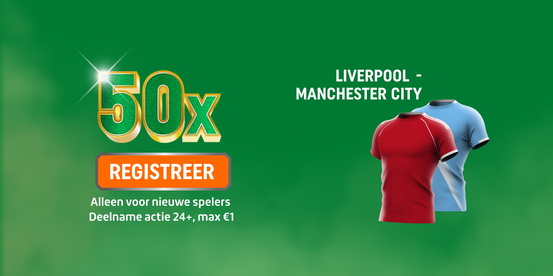 TOTO-promotie: 50x, REGISTREER en speel mee met Liverpool - Manchester City; rood en lichtblauw voetbalshirt