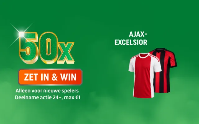 TOTO promotiebeeld: 50x ZET IN & WIN, alleen voor jou als nieuwe speler (deelname actie 24+, max€1) met twee AJAX-EXCELSIOR shirts.