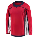 Rood sportshirt met lange mouwen, donkerblauwe kraag en witte zijstrepen
