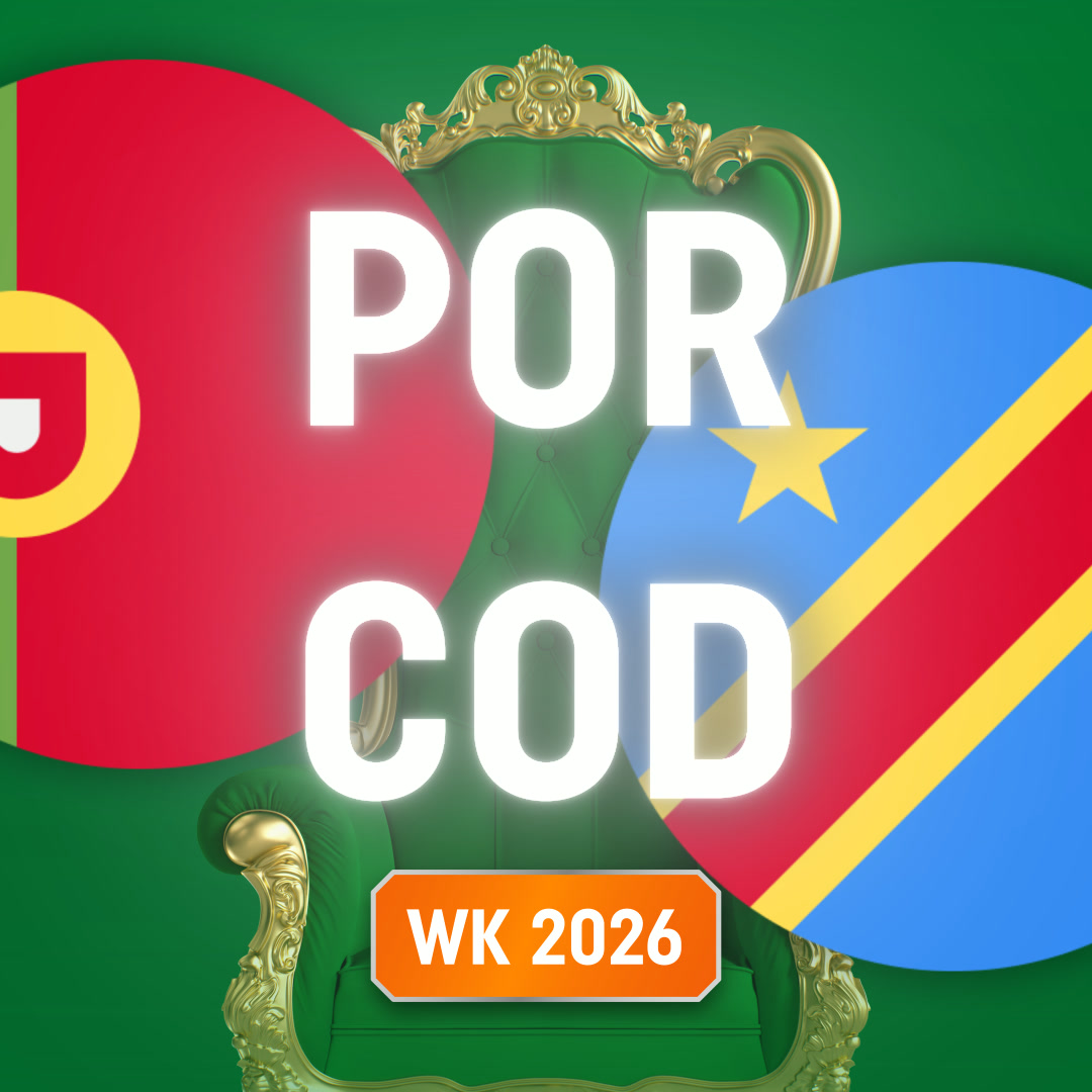 TOTO Sport: vlaggen van Portugal en Congo-Kinshasa met grote letters POR COD en bordje WK 2026 op groene achtergrond.