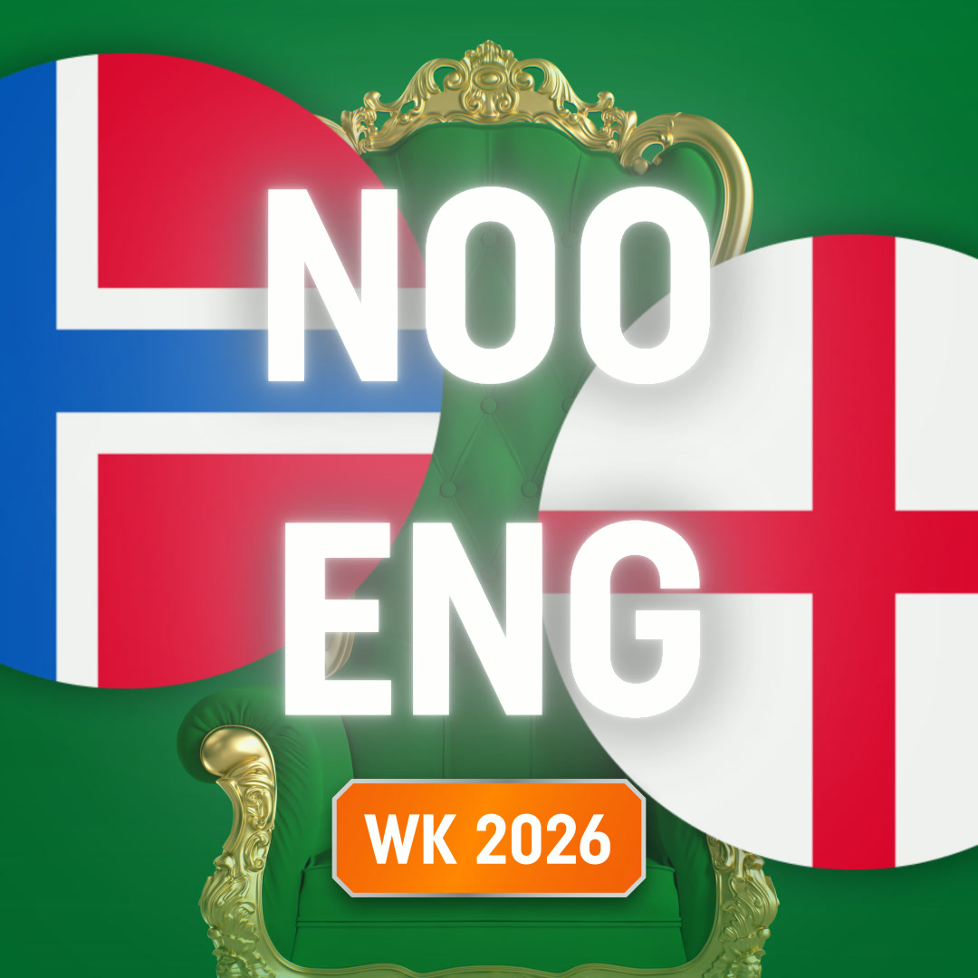 Groene troon achter Noorse en Engelse vlaggen met WK 2026-badge