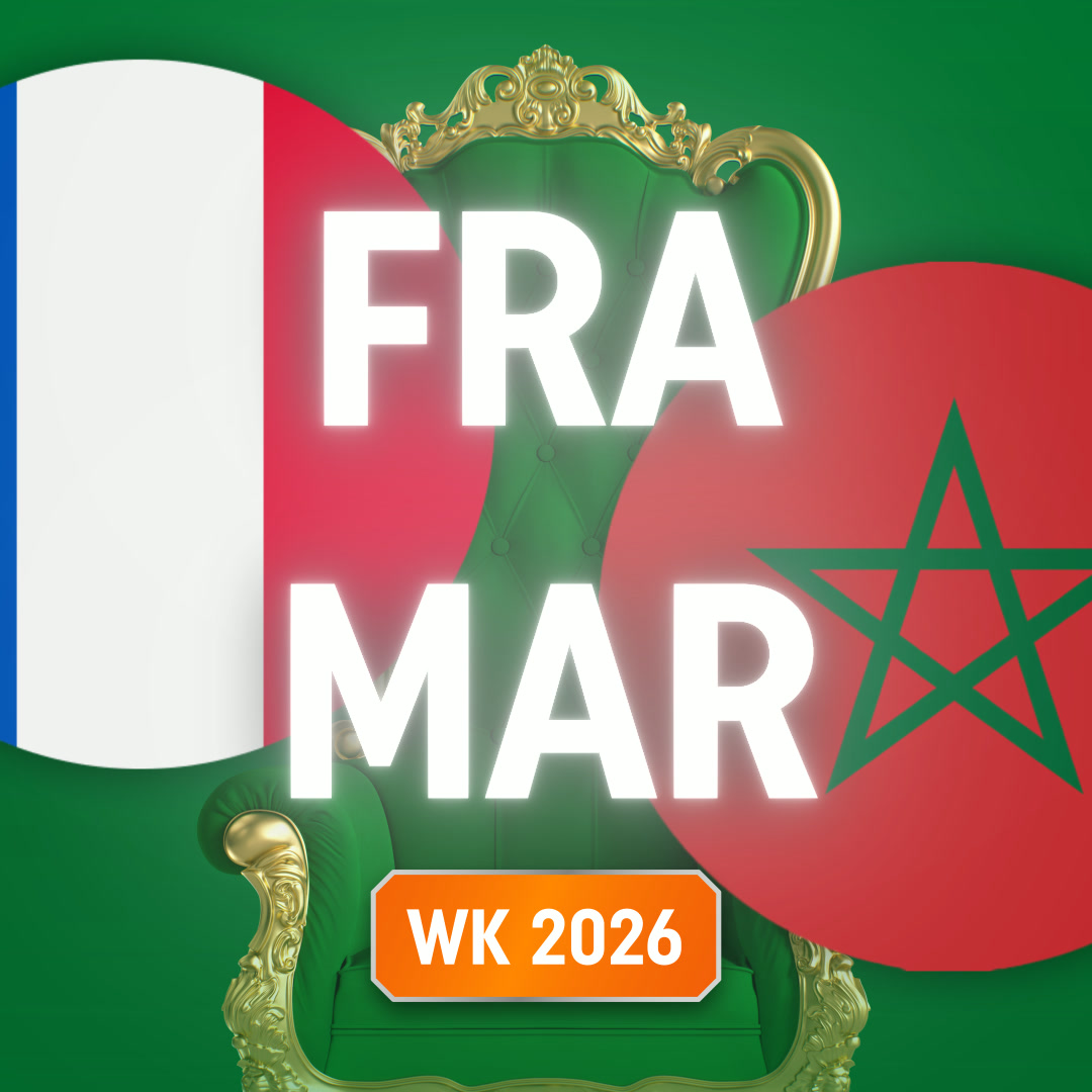 Grafische poster WK 2026 met Franse en Marokkaanse vlaggen, een groene troon en een oranje "WK 2026"-badge.