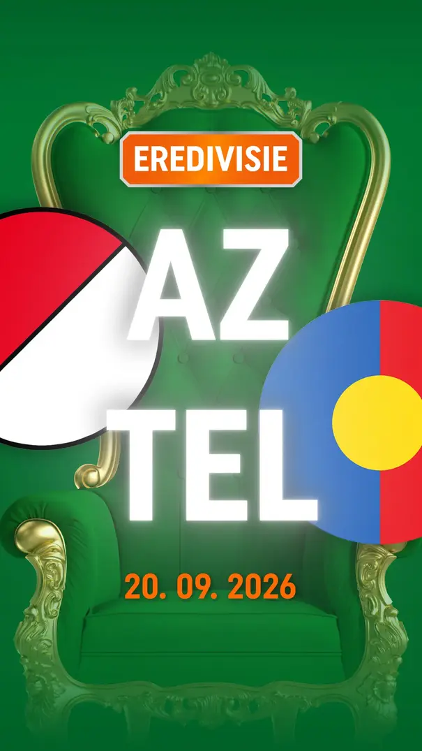 Affiche met EREDIVISIE-banner, grote tekst "AZ TEL" op een groene troonachtergrond en datum 20.09.2026.