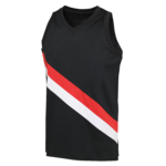 Zwart mouwloos sportshirt met diagonale rode en witte streep.