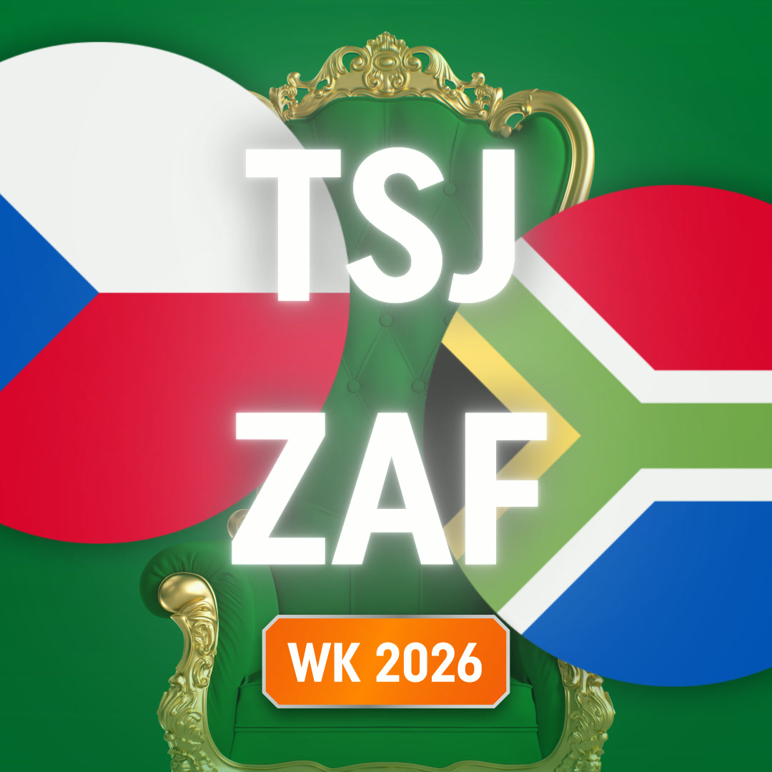 Groene troon met overlappende Tsjechië- en Zuid-Afrika-vlaggen, 'TSJ' en 'ZAF' en oranje bordje WK 2026.