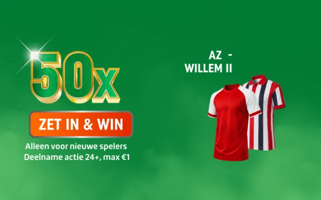 Groene TOTO promotiebanner met 50x ZET IN & WIN en twee voetbalshirts bij AZ - WILLEM II