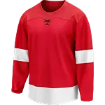Rood ijshockeyshirt met witte strepen op mouwen en onderkant
