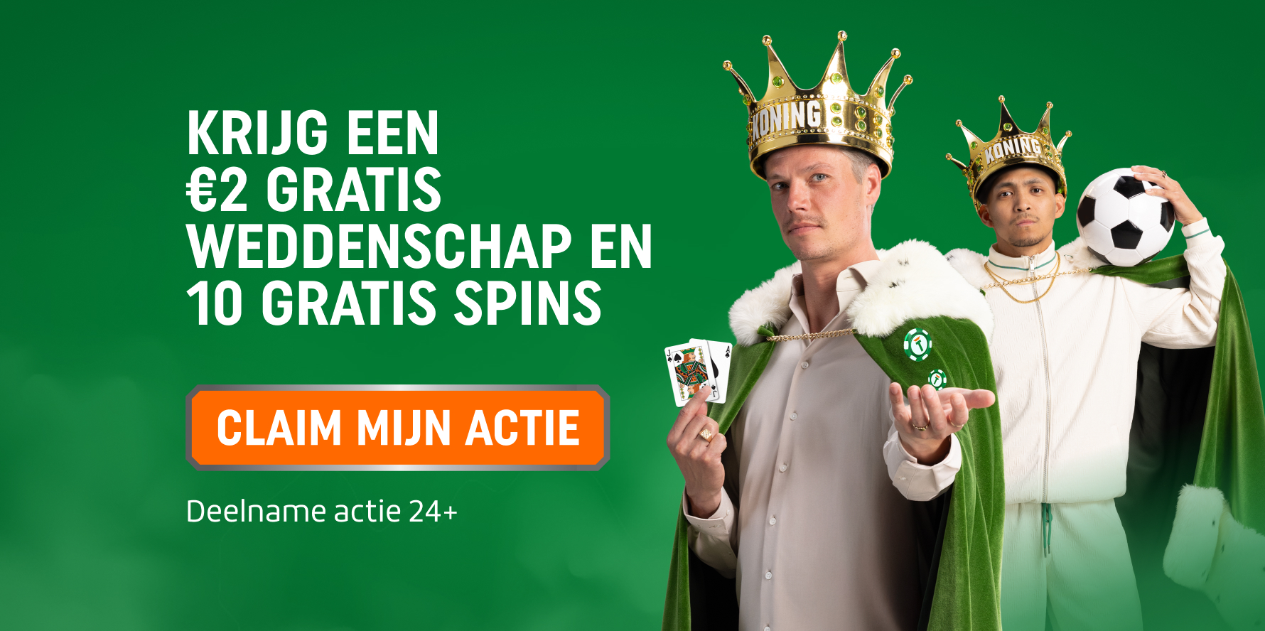 TOTO-promotie: Krijg een €2 Gratis Weddenschap en 10 Gratis Spins; twee koningen met kroontjes en groene mantels tonen kaarten en een voetbal.