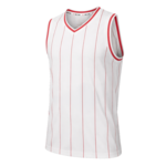 Wit mouwloos basketbalshirt met rode verticale strepen en rode bies rond hals en armsgaten.