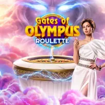 Promotiebeeld met de tekst "Gates of Olympus Roulette", een vrouw in Griekse kleding naast een magische roulettetafel tussen wolken en bliksem.