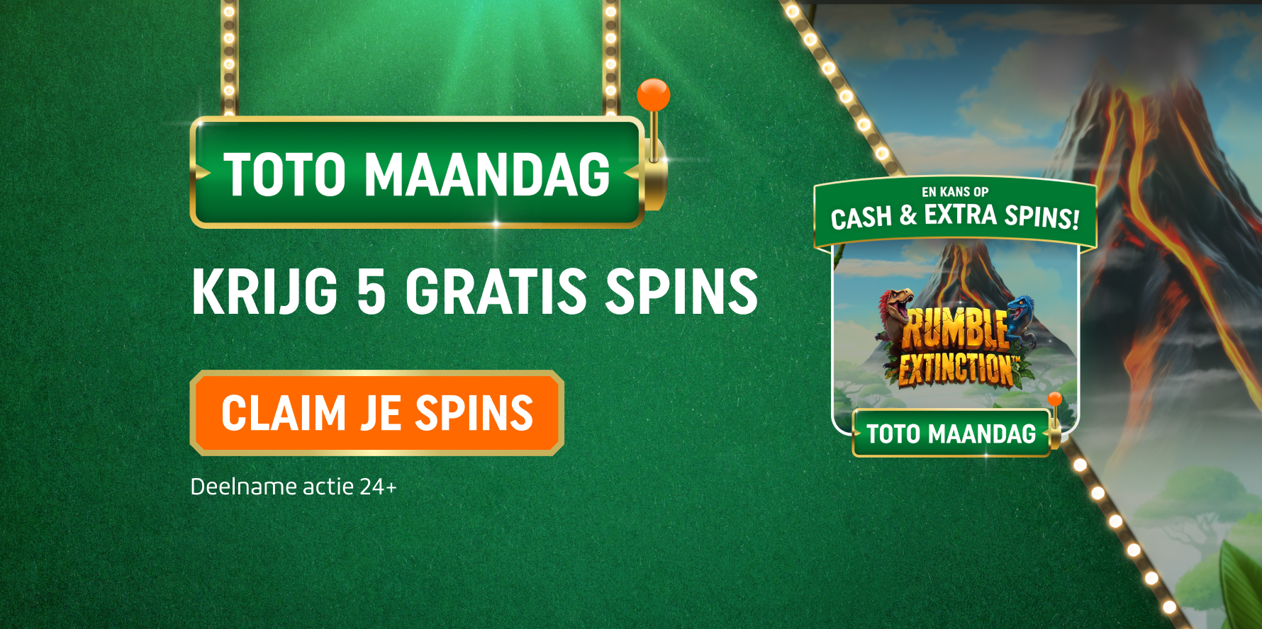 TOTO Maandag promotiebanner: krijg 5 Gratis Spins en knop Claim je Spins. Deelname actie 24+.