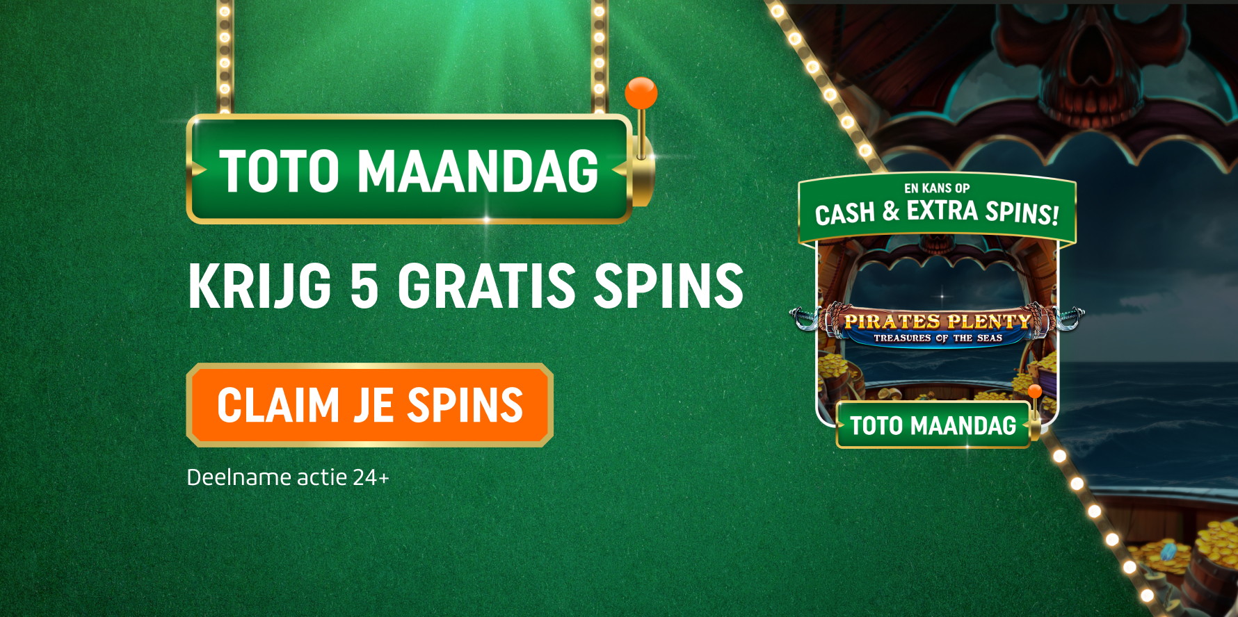 TOTO Maandag promotiebanner met tekst Krijg 5 Gratis Spins en knop Claim je Spins.