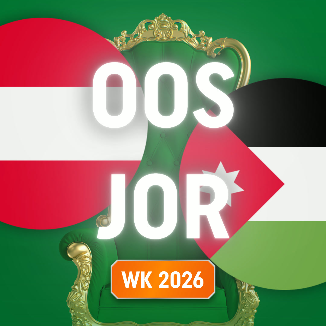 Groene troon met gouden rand tussen ronde vlaggen van Oostenrijk en Jordanië, met grote witte letters "OOS JOR" en een oranje label "WK 2026".