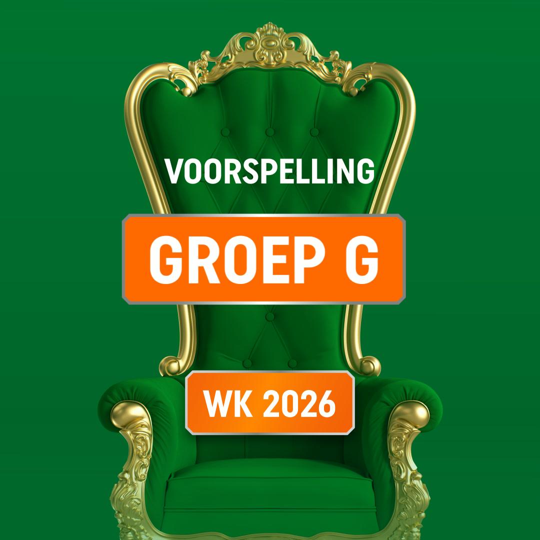 Groene koningsstoel met oranje labels "VOORSPELLING GROEP G" en "WK 2026"