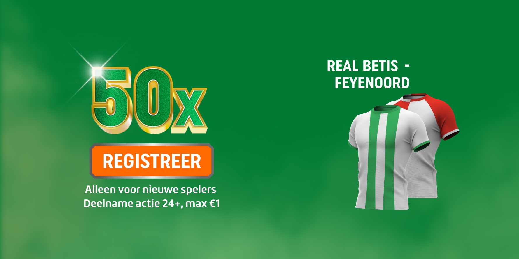 TOTO-banner met 50x-aanbieding, knop REGISTREER en Real Betis- en Feyenoord-voetbalshirts.