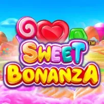 Logo van Sweet Bonanza tegen een kleurrijke snoepland-achtergrond met snoepjes en suikerwolken.
