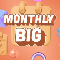 Speelse illustratie van een kalender en zwevende vormen met de tekst "MONTHLY BIG" op een oranje achtergrond.