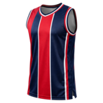 Mouwloos basketbalshirt met verticale rode en witte strepen op donkerblauw