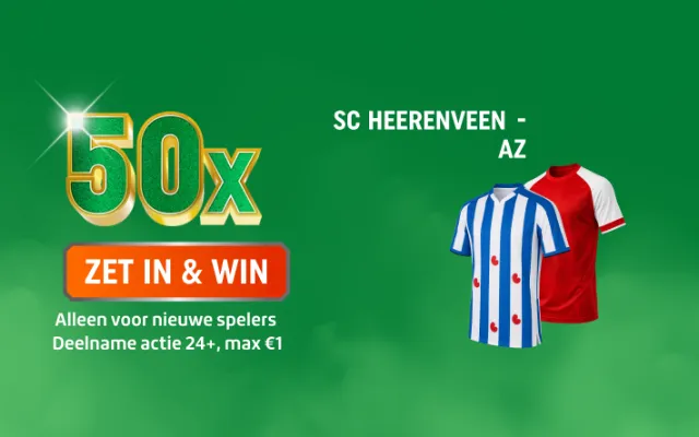TOTO promotie: 50x ZET IN & WIN voor SC Heerenveen - AZ, twee voetbalshirts afgebeeld — zet je in.
