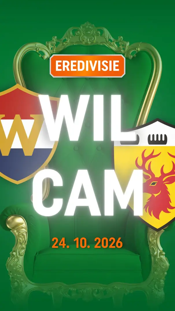 Groene troon met EREDIVISIE-bord, twee clubwapens en datum 24.10.2026.
