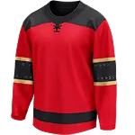 Rood-zwart ijshockeyshirt met zwarte schouderpanelen en gouden details