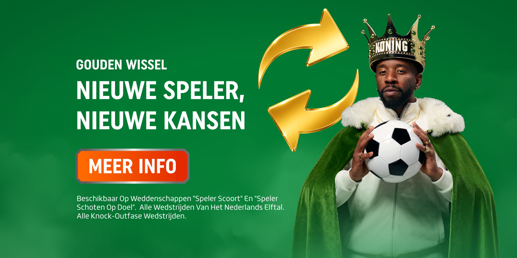 TOTO Gouden Wissel-banner: gekroonde persoon in groene mantel houdt een voetbal, naast tekst NIEUWE SPELER, NIEUWE KANSEN en knop MEER INFO