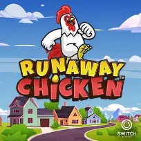 Logo van Runaway Chicken: een cartoonkip die springt boven een rij kleurrijke, kleurrijke huizen.