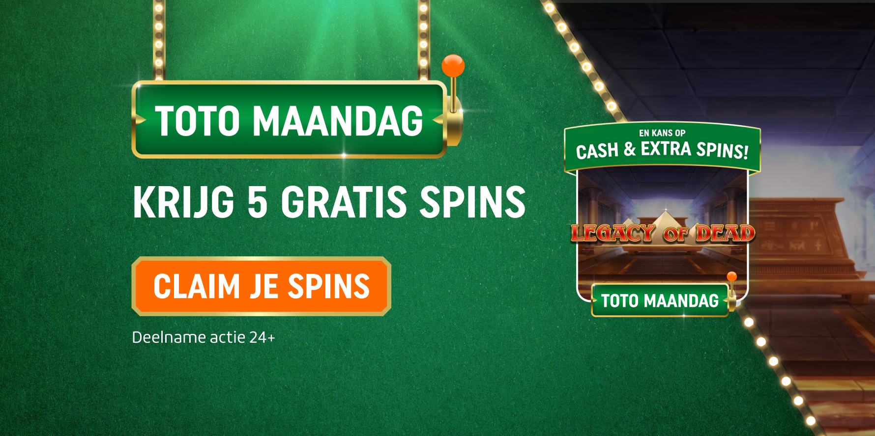 TOTO Maandag-promotie: Krijg 5 Gratis Spins — Claim je Spins, met spelafbeelding van Legacy of Dead.
