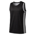 Zwart mouwloos sportshirt met witte bies langs hals, armsgaten en drie witte strepen langs de zijkanten.